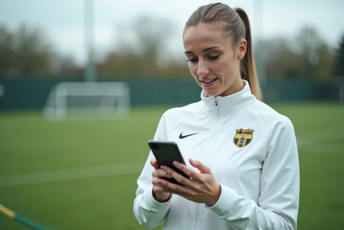 Femme accédant à l'espace membre Footclub FFF sur smartphone près d'un terrain de football