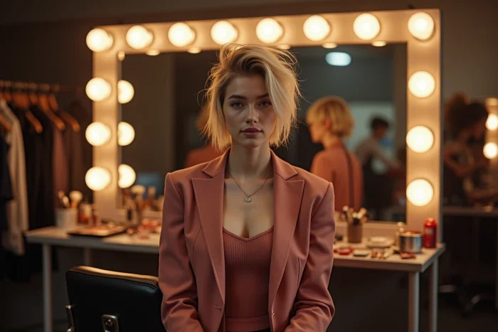 Actrice avec une coupe mulet moderne dans les coulisses d'un théâtre devant des miroirs de maquillage