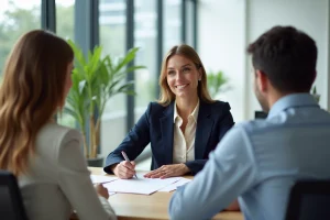 Agent immobilier de Tandem Immobilier accompagnant un couple de locataires dans la signature de leur contrat de location