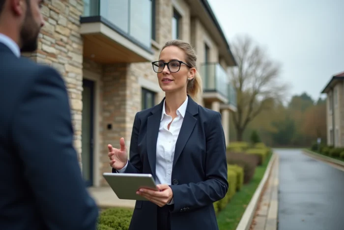 Agent immobilière présentant une maison moderne à un acheteur potentiel lors d'une visite immobilière