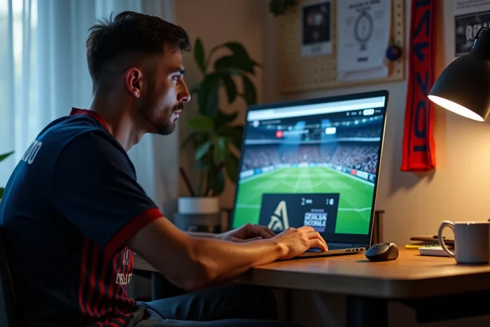 Homme en maillot de football cherchant une alternative de streaming foot sur son ordinateur portable