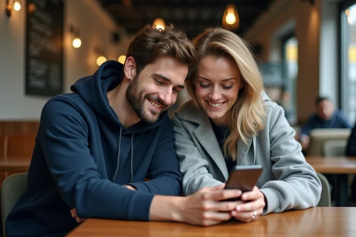 Deux amis recherchant ensemble une solution de garant en ligne sur smartphone dans un café