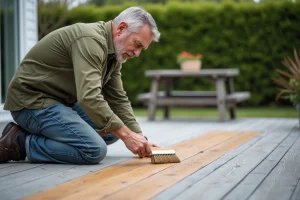 Homme appliquant un dégriseur sur une terrasse en bois grisé avec une brosse large, montrant le contraste entre bois traité et non traité