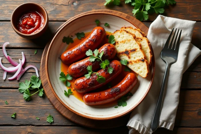 Assiette de merguez cuites au four servies avec harissa, pain plat grillé et coriandre fraîche sur une table en bois rustique
