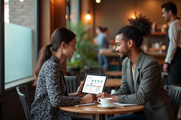 Deux associés discutant du lancement d'un business en ligne autour d'une tablette dans un café urbain moderne
