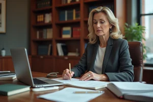 Avocate analysant des documents législatifs dans un bureau juridique professionnel en 2025