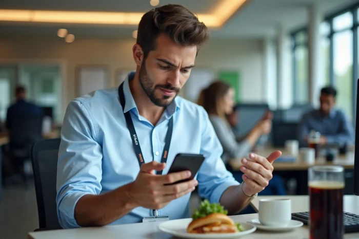 Un homme consulte l'application Bling pour une avance sur salaire sans intérêt depuis son bureau pendant sa pause déjeuner