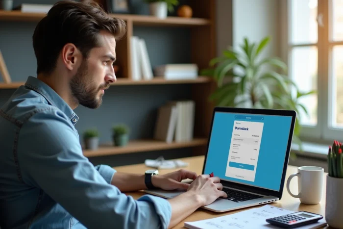 Un homme complète une demande de prêt personnel en ligne Boursobank sur son ordinateur portable dans un bureau à domicile bien organisé