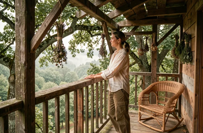 Femme sur la terrasse en bois d'une cabane dans les arbres en pleine forêt française, séjour insolite et éco-responsable