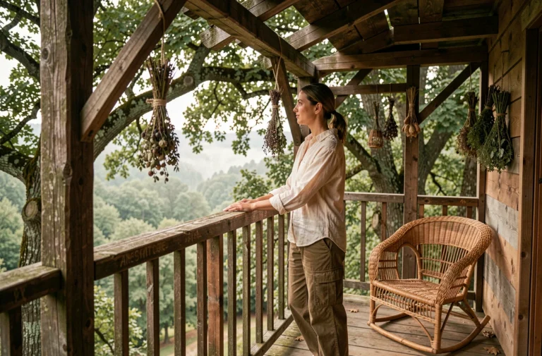 Femme sur la terrasse en bois d'une cabane dans les arbres en pleine forêt française, séjour insolite et éco-responsable