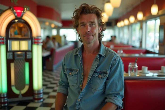 Célébrité masculine avec une coupe mulet rétro appuyée contre un jukebox dans un diner américain vintage