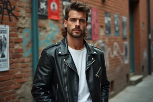 Chanteur rock avec une coupe mulet classique devant un mur de posters de concert dans une ruelle urbaine