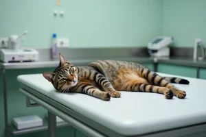 Chat tigré allongé sur une table vétérinaire avec un ventre gonflé visible, lors d'un examen médical