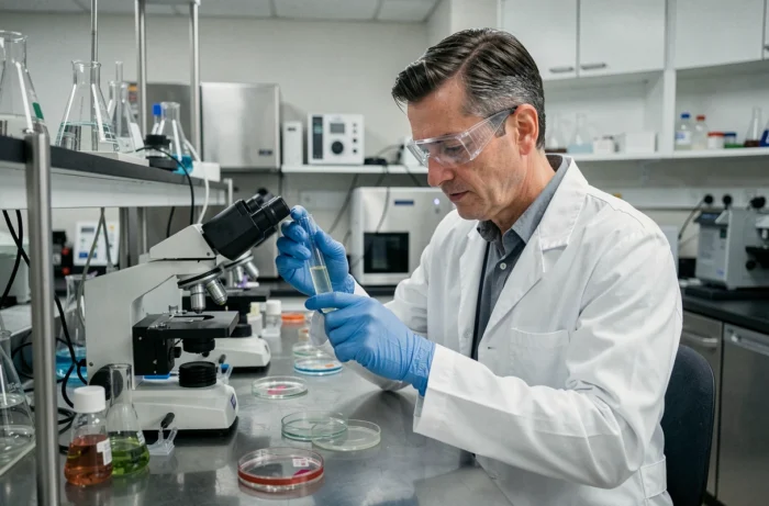 Scientifique analysant un échantillon en laboratoire de recherche médicale entouré d'équipements scientifiques