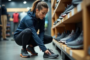 Femme examinant attentivement une chaussure de trail running dans un magasin de sport pour choisir le meilleur équipement sportif