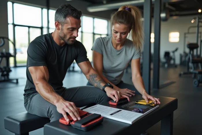 Deux sportifs comparant des équipements de fitness comme bandes élastiques et genouillères dans une salle de sport moderne