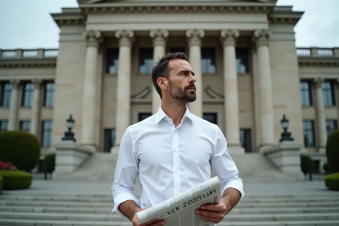 Homme tenant un journal devant un bâtiment législatif symbolisant l'impact des nouvelles lois en 2025