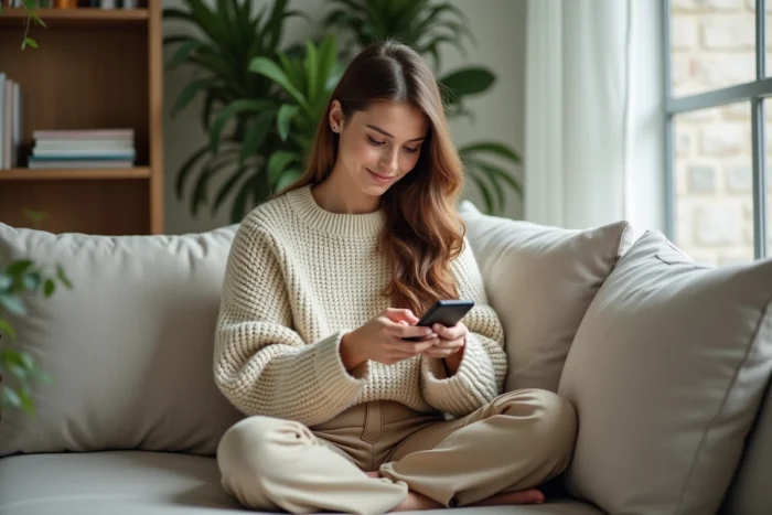 Jeune femme détendue sur un canapé blanc utilisant son smartphone dans un appartement cosy et lumineux