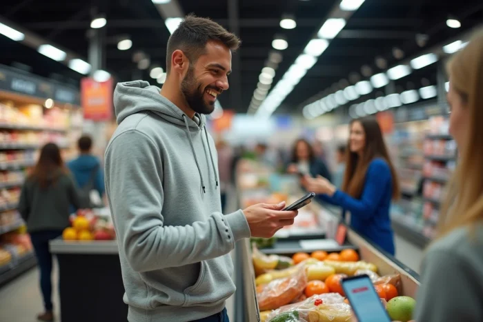 Client utilisant sa carte fidélité et un bon de réduction numérique à la caisse d'un supermarché Intermarché