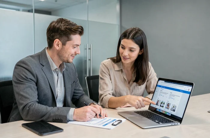 Deux collègues discutant ensemble des critères de sélection d'une formation en ligne adaptée à leurs objectifs professionnels