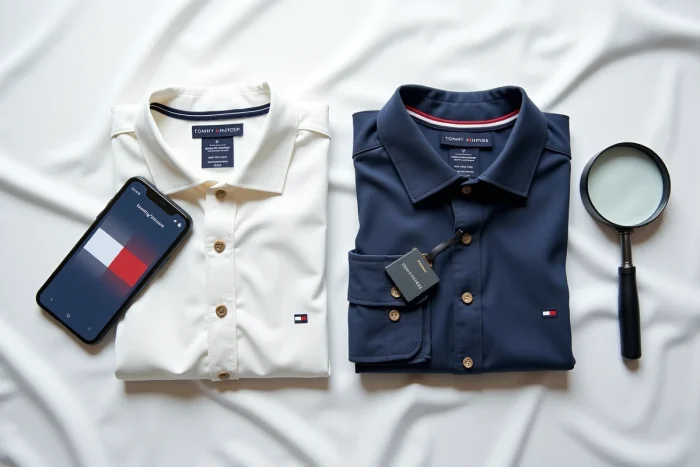 Vue à plat de deux étiquettes Tommy Hilfiger côte à côte avec loupe et smartphone pour comparer et identifier une contrefaçon
