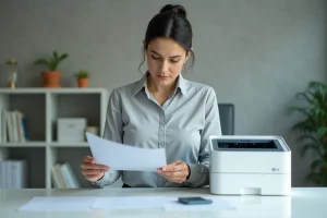 Femme comparant des impressions laser et jet d'encre dans un bureau à domicile moderne