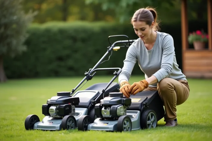 Femme comparant deux modèles de tondeuses thermiques dans un grand jardin verdoyant