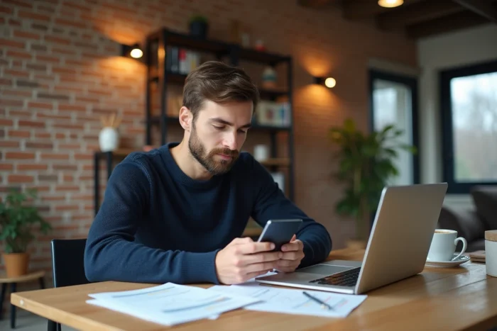 Un jeune professionnel consulte une application de prêt rapide sur son smartphone à son bureau, entouré d'un ordinateur portable et d'un café