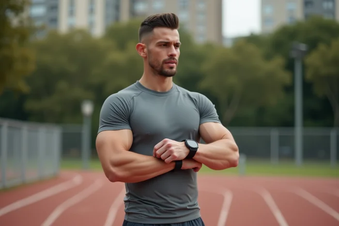 Sportif comparant deux montres connectées sur une piste d'athlétisme pour optimiser ses performances sportives