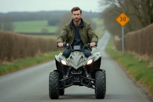 Homme adulte assis sur un quad T3B homologué sur route, garé sur le bas-côté d'une route rurale française