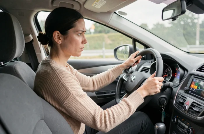 Conductrice inquiète regardant les voyants allumés sur le tableau de bord de sa Peugeot 208