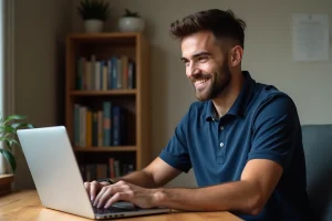 Homme connecté à son espace Footclub FFF sur un ordinateur portable dans un bureau à domicile