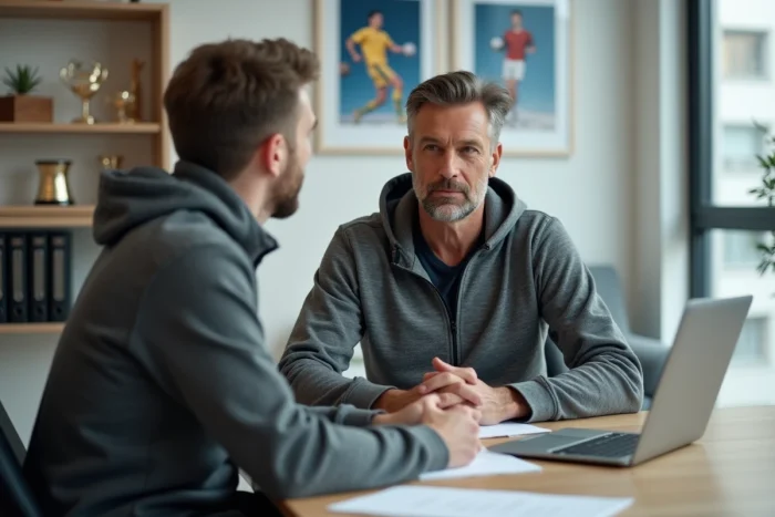 Conseiller en reconversion professionnelle dans les métiers du sport discutant avec un client dans un bureau moderne