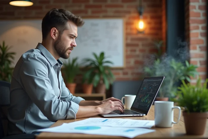 Consultant informatique travaillant sur des solutions numériques pour optimiser l'infrastructure technologique d'une startup en 2024