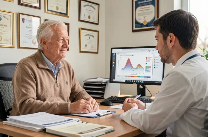 Patient âgé en consultation médicale avec un médecin généraliste dans un cabinet de santé