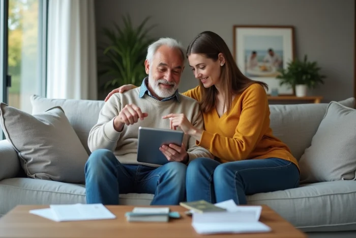 Couple discutant de la gestion de leur budget familial ensemble sur un canapé avec une tablette affichant une application de finances