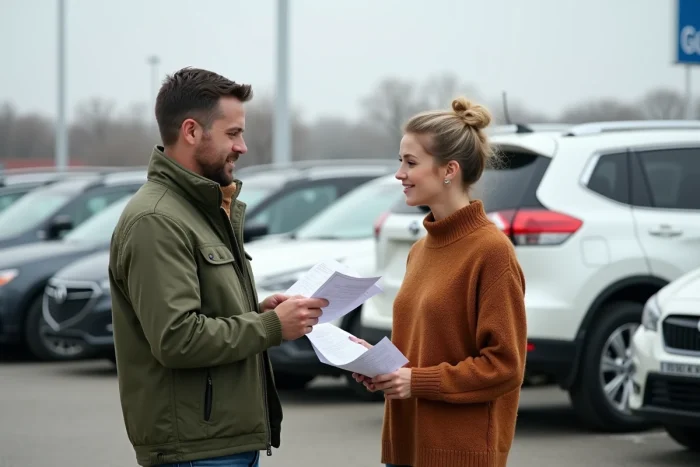 Couple comparant des voitures d'occasion dans un parc automobile avec fiches de sélection en main