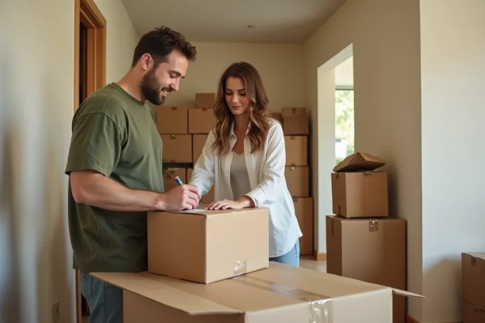 Couple étiquetant et fermant des cartons de déménagement dans le couloir d'un appartement résidentiel