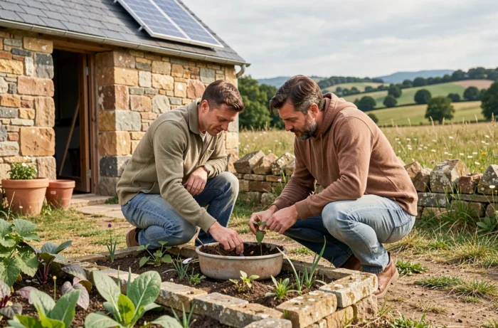 Couple pratiquant le jardinage écologique devant une cabane de berger rénovée dans la campagne française, éco-tourisme insolite