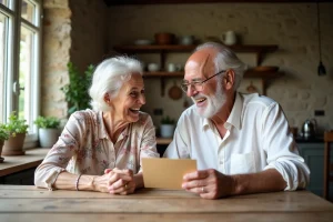 Couple de personnes âgées riant ensemble en lisant un message humoristique pour leurs 40 ans de mariage