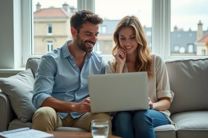 Couple locataire comparant les tarifs d'un service de location sur ordinateur portable