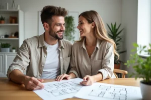 Couple examinant des plans immobiliers et des documents de projet à la maison, préparant sereinement leur achat immobilier