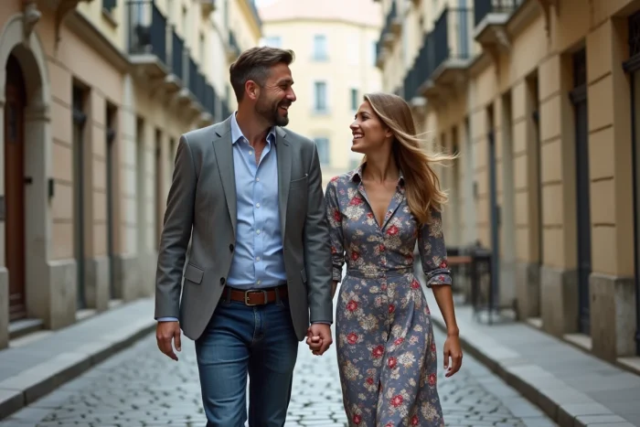 Couple marchant dans une rue pavée d'une ville historique française avec architecture haussmannienne
