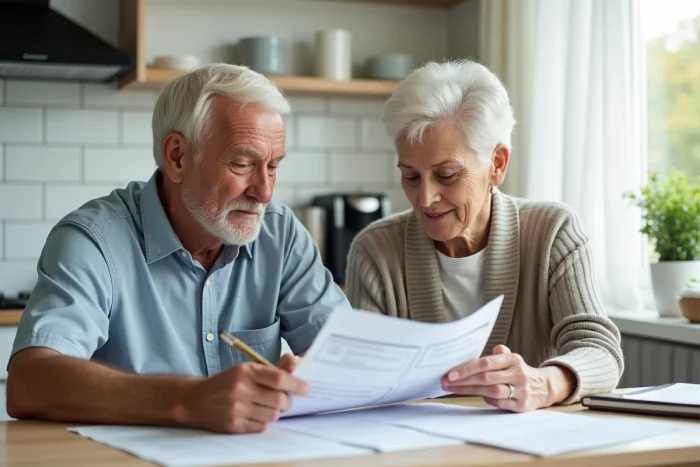 Un couple de retraités discute de leurs pensions et projets financiers autour d'une table de cuisine moderne