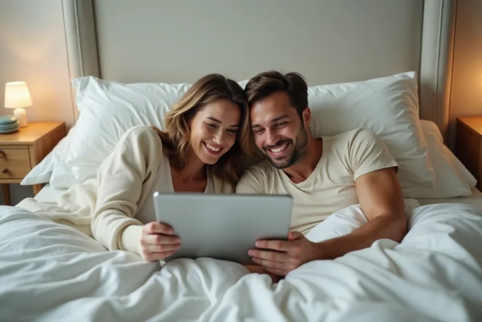Couple regardant un film en streaming gratuit sur une tablette dans leur chambre