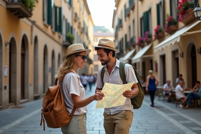 Couple de voyageurs consultant une carte dans une rue pavée d'une ville européenne historique
