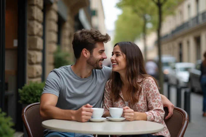 Couple de jeunes adultes riant ensemble en terrasse de café parisien avec tasses de café sur la table