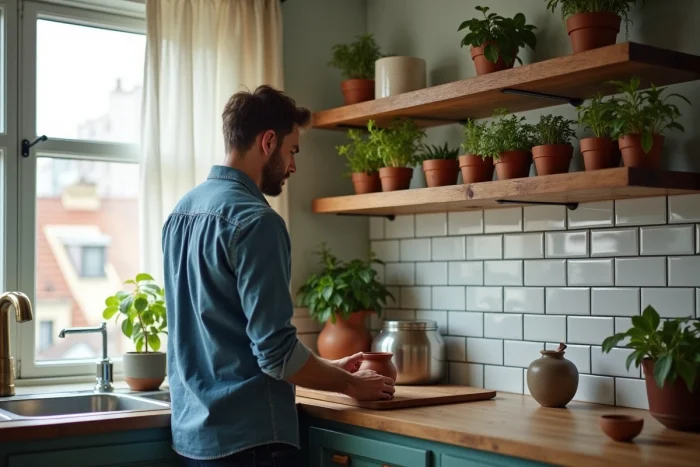 Homme arrangeant des plantes aromatiques en pots sur une étagère en bois brut dans une cuisine rénovée avec des carreaux de métro