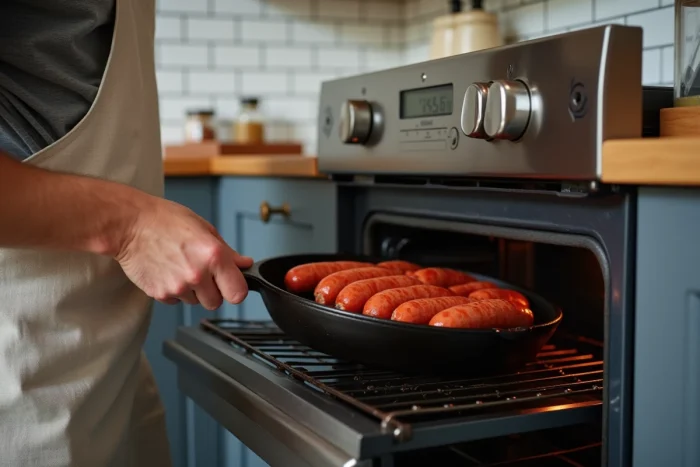 Cuisinier à domicile enfournant des merguez crues dans une poêle en fonte, geste naturel dans une cuisine moderne