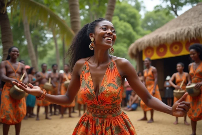 Jeune femme malgache dansant lors d'un festival culturel traditionnel en plein air à Madagascar